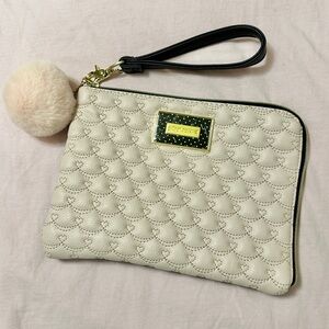 Betsey Johnson Cream Quilted Wristlet with Pom Pom